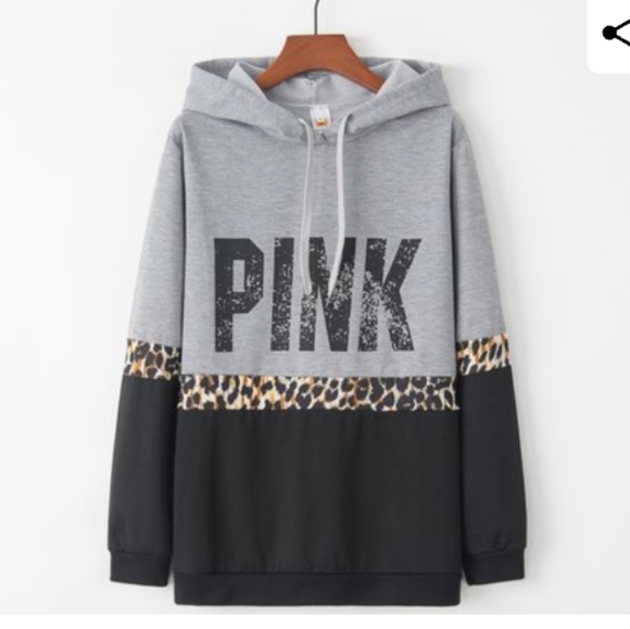 PINK Victoria's Secret Tops - PINK VS Pullover Colorblock Cheetah Hoodie Blk & Gray